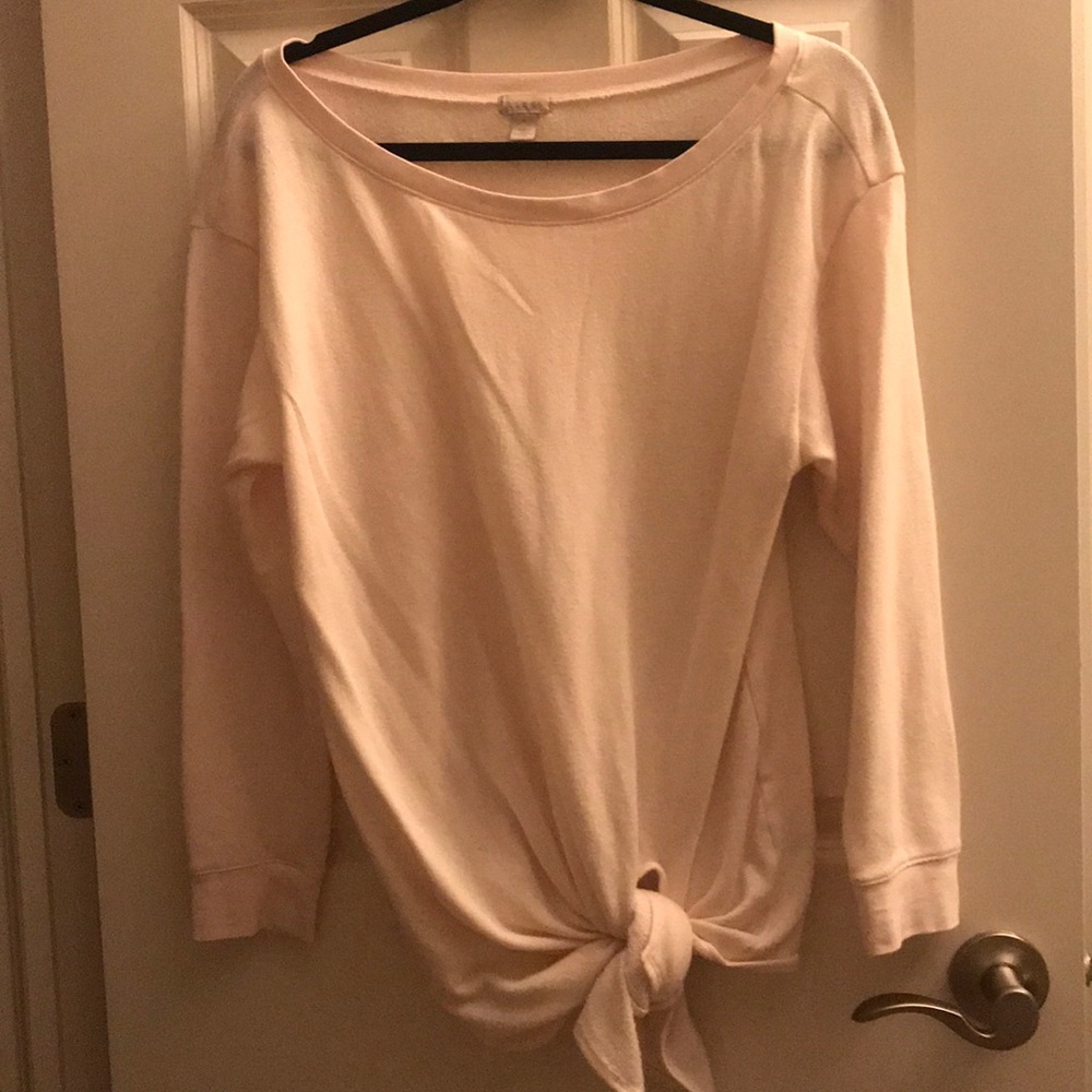 Hinge off the shoulder front knot sweater